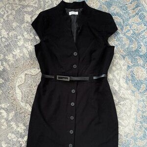 CALVIN KLEIN Black Button Down Belted Sheath Dress Cap Sleeves - Size SM